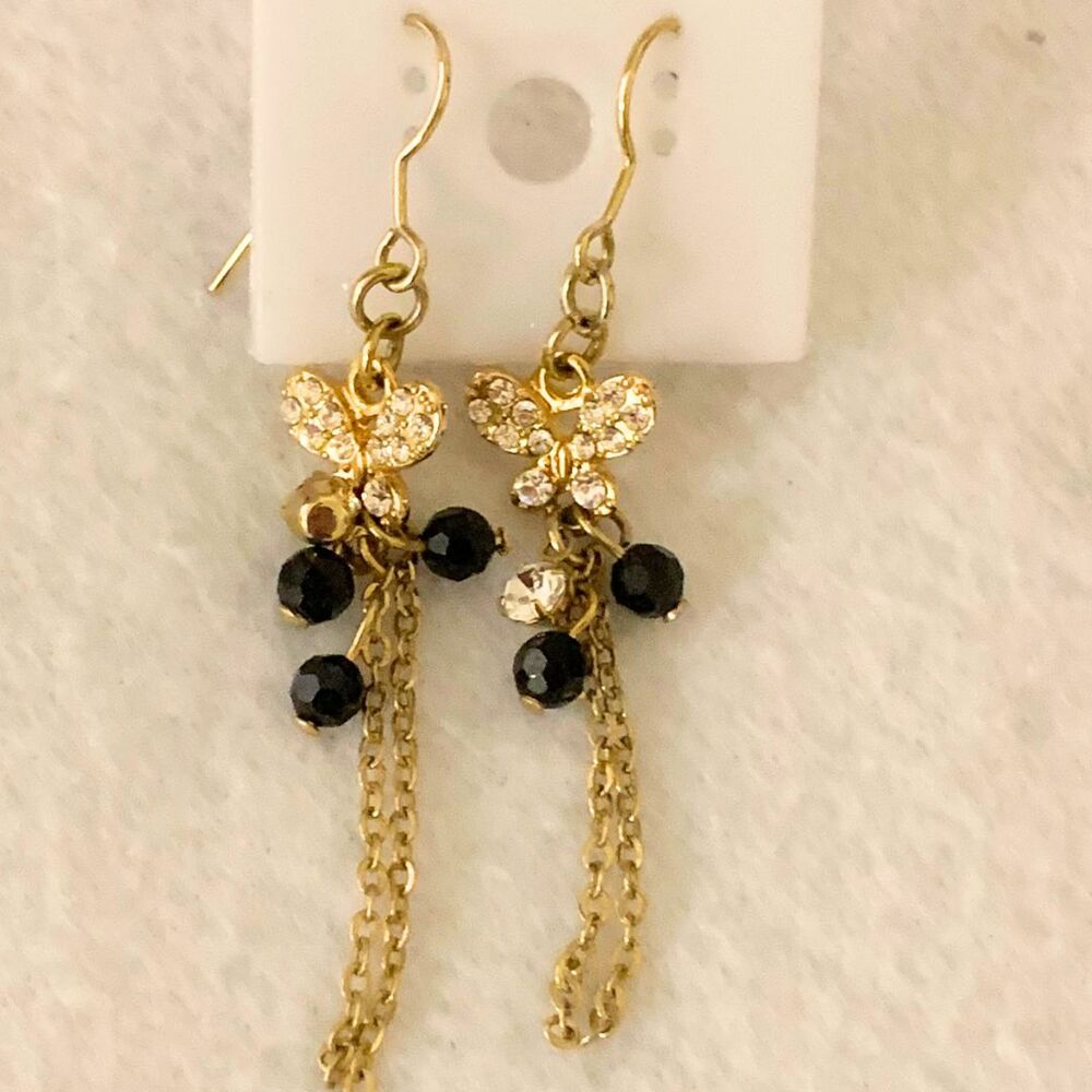 Gold Tone Dangle Earrings with Black Beads and Rhinestone Butterfly